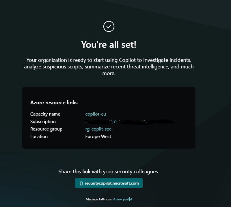 Copilot for Security  setup completed